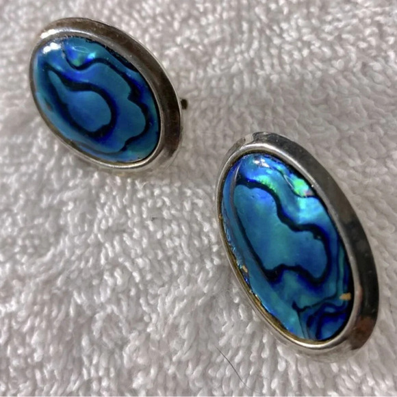 Vintage Blue Faux Abalone W Silver Tone Trim Oval Clop On  Earrings - Picture 7 of 9